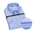 Men's blue micro-striped short-sleeve cotton shirt with square collar - 38 / Tops / Light Blue Striped (2017)