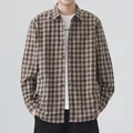Men's Japanese style casual plaid long-sleeve shirt jacket in brown and light blue - M / Tops / Brown & Coffee Plaid
