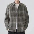 Casual Japanese-style plaid long-sleeved shirt for men in brown and gray checkered pattern - M / Tops / Tea Green Plaid