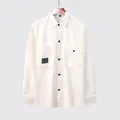 Minimalist men's white long-sleeve casual shirt with double chest pockets and branding. - M / Tops / White