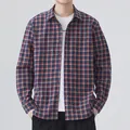 Casual Japanese style red and blue plaid long-sleeved shirt for men in a relaxed fit - M / Tops / Navy Red Plaid