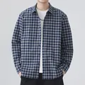 Classic blue and grey checkered long-sleeve casual button-down shirt for men fashion - Gray Blue Plaid
