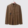 Classic men's casual long-sleeve cotton shirt in solid brown with double chest pockets - Green And Brown