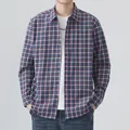 Classic men's casual red and blue plaid long-sleeve shirt layered over a white tee - Blue & Red Plaid