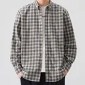 Men's casual Japanese style plaid long sleeve button-down shirt in grey and yellow - Fog Grey Plaid