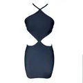 Detailansicht eines sexy schwarzen Neckholder-Bandage-Kleids mit Taillenausschnitten - S / Kleider / Schwarz