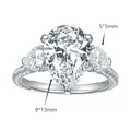 Elegante anillo de plata 925 con una gran moissanita de talla pera de 9x13mm - US 5 / Anillo de Tres Piedras Forma de Pera / 5+1.72 Quilates