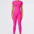 Ensemble de yoga rose respirant et séchage rapide pour femmes avec legging et haut à manches - S / Haut Et Bas / Manches Courtes + Leggings / Rouge de Roselle