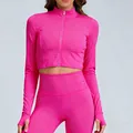 Giacca da yoga corta fucsia aderente a maniche lunghe con cerniera e comodi fori per il pollice - Taglia S / Top / Rosso Rosella