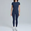 Ensemble de yoga respirant bleu marine pour femme, séchage rapide pour le fitness. - S / Haut Et Bas / Manches Courtes + Leggings / Bleu marine