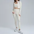 Ensemble de yoga beige trois pièces respirant avec veste pour fitness femme - S / Ensemble / Veste + Soutien-gorge + Pantalon Long / Ivoire Clair