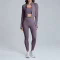 Ensemble de yoga trois pièces violet avec legging taille haute et veste courte - S / Ensemble / Veste + Soutien-gorge + Pantalon Long / Améthyste