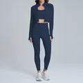 Ensemble de yoga 3 pièces bleu marine avec veste zippée, brassière et legging taille haute - S / Ensemble / Veste + Soutien-gorge + Pantalon Long / Bleu marine