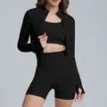 Ensemble de yoga 3 pièces noir respirant à séchage rapide avec veste pour le fitness - S / Ensemble / Veste + Soutien-gorge + Short / Noir