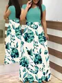 Elegant floral print patchwork maxi swing dress with short teal sleeves for women - S / Dress (Short Sleeve) / Green