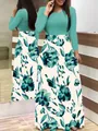 Long-sleeved maxi dress with teal top and floral print skirt detail - S / Dresses / Green
