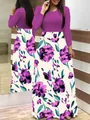 Detail view of a purple long-sleeve floral print maxi dress with large swing skirt - S / Dress (Long Sleeve) (8899) / Purple