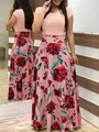 Pink floral print maxi dress with high waist and cap sleeves for elegant summer style - S / Dresses / Pink