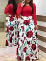 Red and white floral long sleeve maxi dress detail showing the front and back view - S / Dress (Long Sleeve) / Red