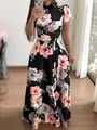 Elegantes schwarzes Maxikleid mit Blumenmuster, kurzen Ärmeln und Taillenband für Damen - 4XL / Kleid (Kurzarm) / Schwarz