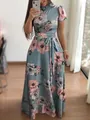 Elegantes Maxikleid mit Blumenmuster, kurzen Ärmeln, Stehkragen und Taillengürtel für Damen - 4XL / Kleid (Kurzarm) / Hellblau