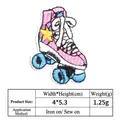 Detailed view of pink roller skate embroidered patch showing dimensions 4x5.3cm and weight - Roller Skates Style (T733)