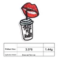 Close-up view of red lips and coffee cup embroidery patch with size and weight details. - Coffee Lip Print Style (T727)