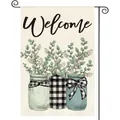 Nahaufnahme der Frühlings-Gartenflagge mit Welcome-Schriftzug und Eukalyptus-Vasen - Bogen Glasgefäß Grün Stil (235) / 30x45cm (Doppelseitiger Druck)