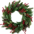 Realistischer handgefertigter Weihnachtskranz mit Kiefernnadeln, Tannenzapfen und Beeren - Kiefernnadel-Beeren-Stil / 50cm Packung (OPP-Beutel)