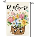 Gartenflagge Frühling mit Aquarell-Blumenkorb und Welcome-Schriftzug für Draußen - Blumenkorb Schmetterling Welcome Stil (233) / 30x45cm (Doppelseitiger Druck)