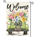 Frühlingsgartenflagge mit Aquarellblumen, Willkommensgruß und Oldtimer-LKW. - Vintage Kleiner LKW Blumenstrauß Stil (226) / 30x45cm (Doppelseitiger Druck)