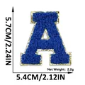 Blue chenille letter A embroidery patch with gold glitter border and size measurements - Letter A