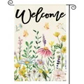 Dekorative Gartenflagge mit Frühlingsblumen, Schmetterlingen und Welcome-Schriftzug - Frühlingsblumen Schmetterling Stil (228) / 30x45cm (Doppelseitiger Druck)