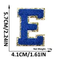 Blue chenille letter E patch with gold glitter border showing measurements and weight - Letter E