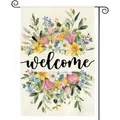 Schöne Frühlings-Gartenfahne mit Aquarell-Blumen, Welcome-Schriftzug und Metallständer - Narzisse Tulpe Welcome Stil (236) / 30x45cm (Doppelseitiger Druck)