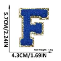 Blue chenille letter F embroidery patch with gold glitter border and adhesive backing - Letter F