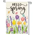 Dekorative Frühlings-Gartenflagge mit Aquarell-Blumen und Schmetterlingen auf Stoff - Tulpe Lavendel Schmetterling Stil (238) / 30x45cm (Doppelseitiger Druck)