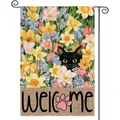 Frühlingsgartenflagge mit schwarzer Katze und Welcome-Schild für die Außendekoration - Schwarze Katze Floral Welcome Stil (240) / 30x45cm (Doppelseitiger Druck)