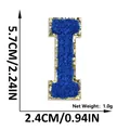Blue chenille letter I embroidery patch with gold glitter border and size measurements - Letter I