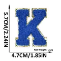 Blue chenille letter K patch with gold glitter border and size measurements - Letter K