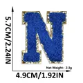 Blue chenille embroidery letter N patch with gold glitter border and dimensions - Letter N