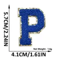 Blue chenille letter P embroidery patch with gold glitter border and precise dimensions - Letter P