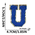 Blue chenille embroidery letter U patch with gold glitter border and measurements - Letter U