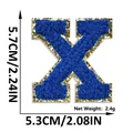 Blue chenille letter X embroidery patch with gold glitter border and dimensions - Letter X