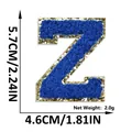 Blue chenille embroidery letter Z patch with gold glitter border and dimensions - Letter Z