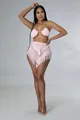 Set due pezzi rosa chiaro lavorato a mano all'uncinetto con top e gonna con frange - Rosa chiaro
