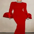 Abito da sera rosso aderente con maniche a campana e dettaglio colletto in strass - Taglia S / Sopra e Sotto / Rosso