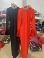 Elegante abito lungo bandage con colletto di cristallo e maniche a campana - XS / Vestiti / Rosso