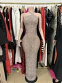 Full-length skin-colored mesh evening gown with dense sparkling rhinestone embellishments - S / Dresses / Silver