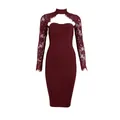 Elegant burgundy bodycon bandage dress with long lace sleeves and a choker neck detail. - S / Dresses / Burgundy
